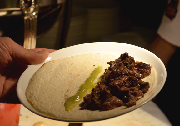 Brazilian Style Skewered Skirt Steak with Tortillas and salsa