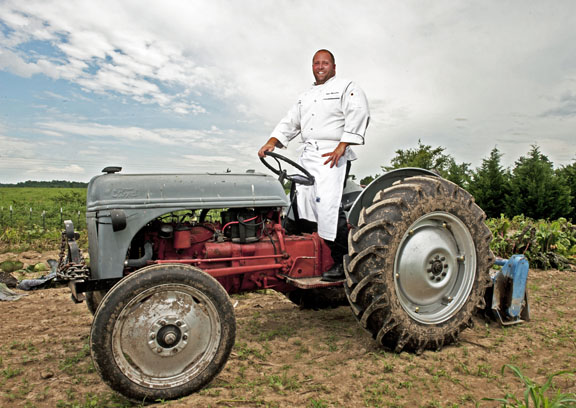 Chef Josh Moore on his tractor