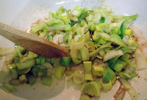 Saute leeks in a dutch oven.