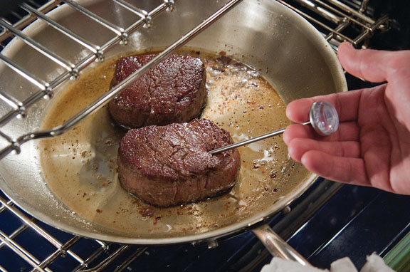 Oven roasting steaks in a saute pan