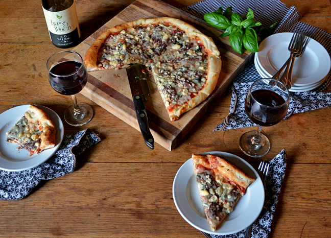 Steak and Blue Cheese Grilled Pizza with Fresh Basil