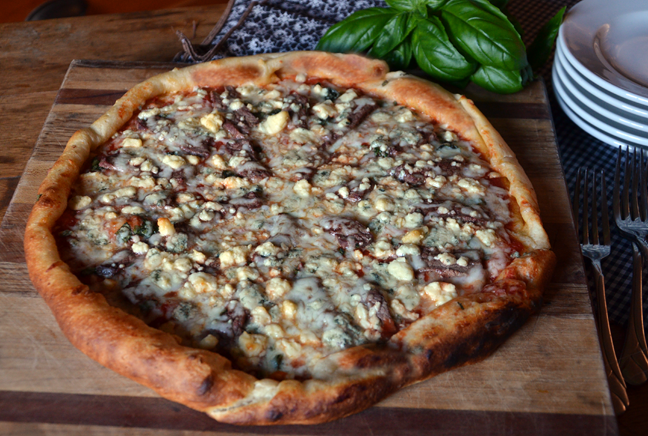 Grilled Pizza with Steak, Blue Cheese and Fresh Basil