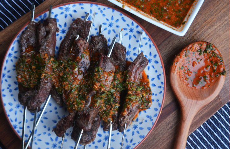 Grilled Flank Steak Skewers with Red Chimichurri