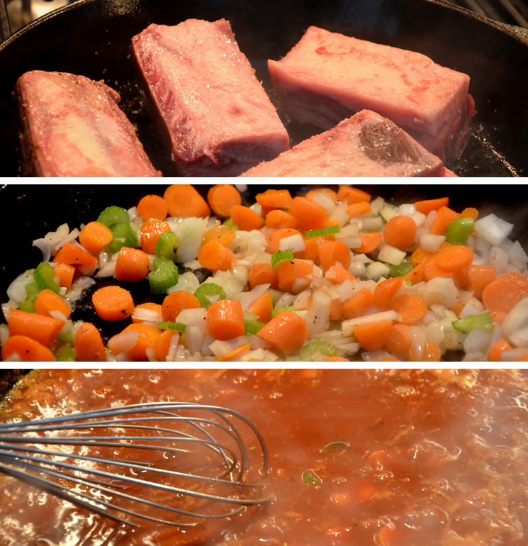 Preparing red wine-braised short ribs.