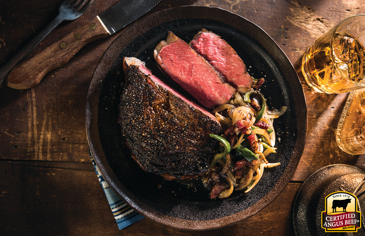 Charred Ribeye with Bacon, Whiskey Onions and Hot Peppers